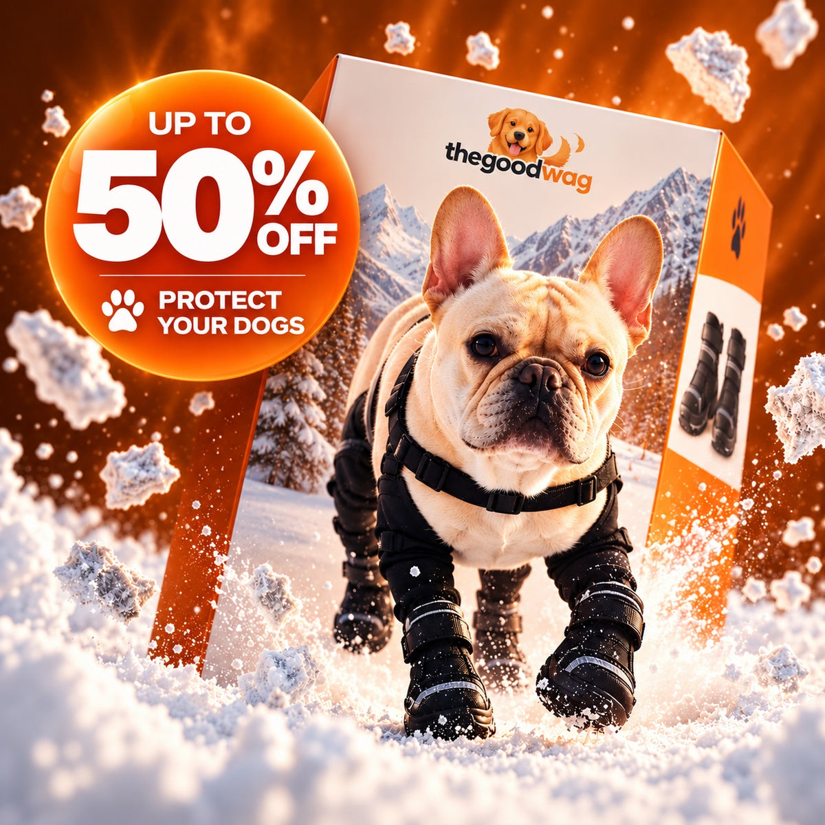 WagGuard boots on a dog walking a salted, snowy sidewalk